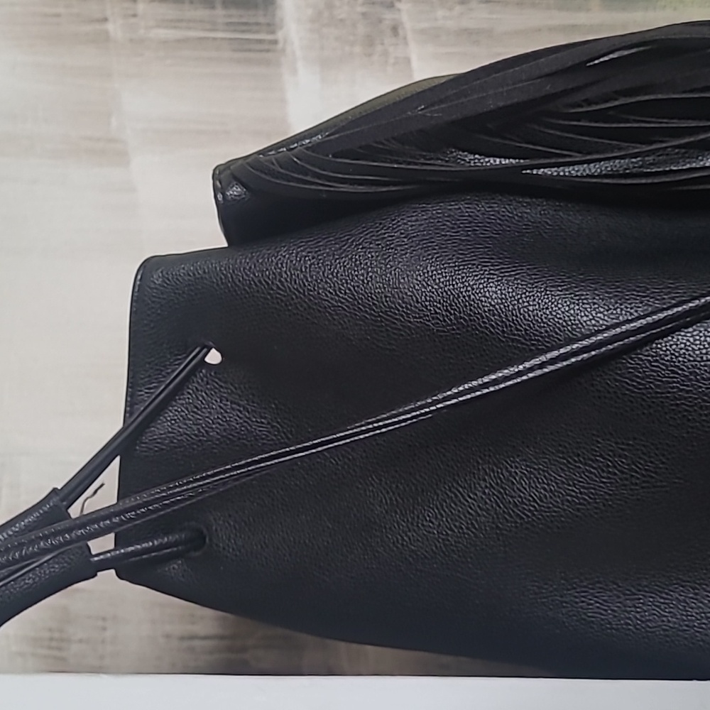 Victoria Secret Black Leather Bucket Backpack Bag with Fringe - Picture 4 of 7